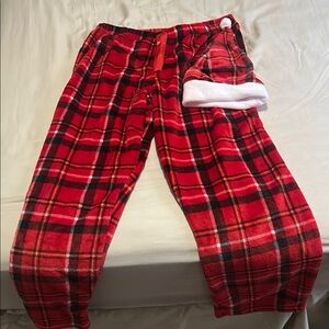 Red Plaid Pajama Pants with Santa Hat 1X (never worn)